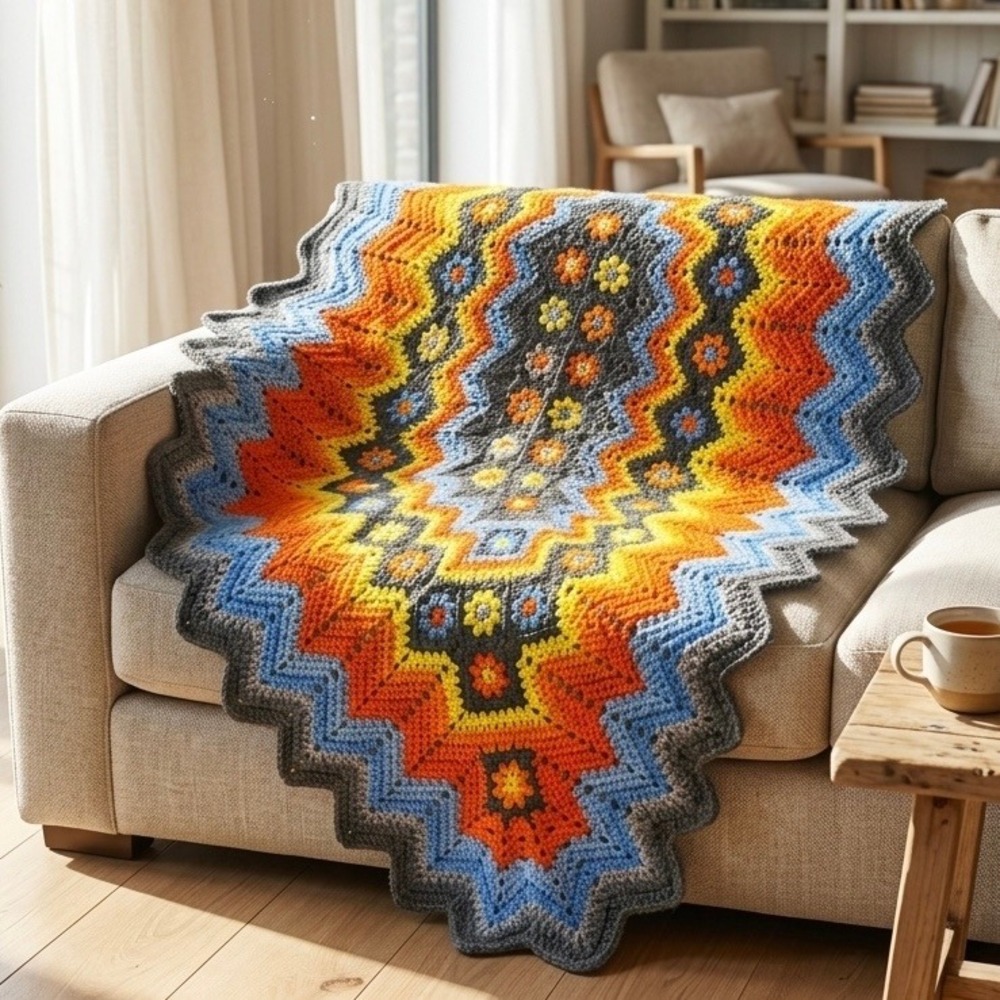Handmade Crochet Afghan Blanket Large Multicolor Flower Chevron Rectangle Throw